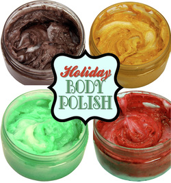 Holiday Body Polish Gift Pack: Handmade holiday body polish gift pack! Mmm! All of these whipped soap polishes smells so good that you'll want to use them everyday - and that's ok! This formula is as mild as mild exfoliating can get so go a head, and use it as often as you'd like! ... And with this pack, you can use a different body polish each day or, keep one for yourself and give the other jars to 3 special people on your holiday shopping list! This gift pack includes 4 body polishes: * 1 Gingerbread Body Polish * 1 Candy Cane Body Polish * 1 Hot Chocolate Body Polish * 1 Vanilla Mint Body Polish